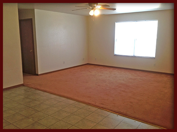 A photo of an empty apartment with eggshell colored walls, peach colored carpeting and vinal floor. One window is brightly lit by outdoor light. There is a ceiling fan with lights on.
